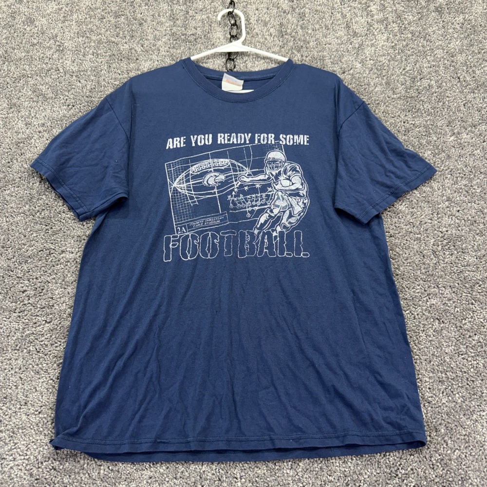 Vtg Hanes T Shirt Mens Large Blue Football Graphic Short Sleeve Heavyweight